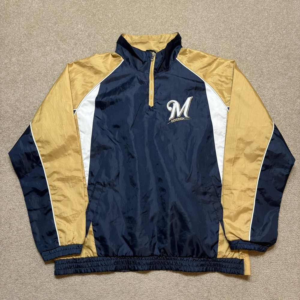 Milwaukee Brewers Jacket Mens XL Blue Gold MLB‎ Baseball Pullover Windbreaker
